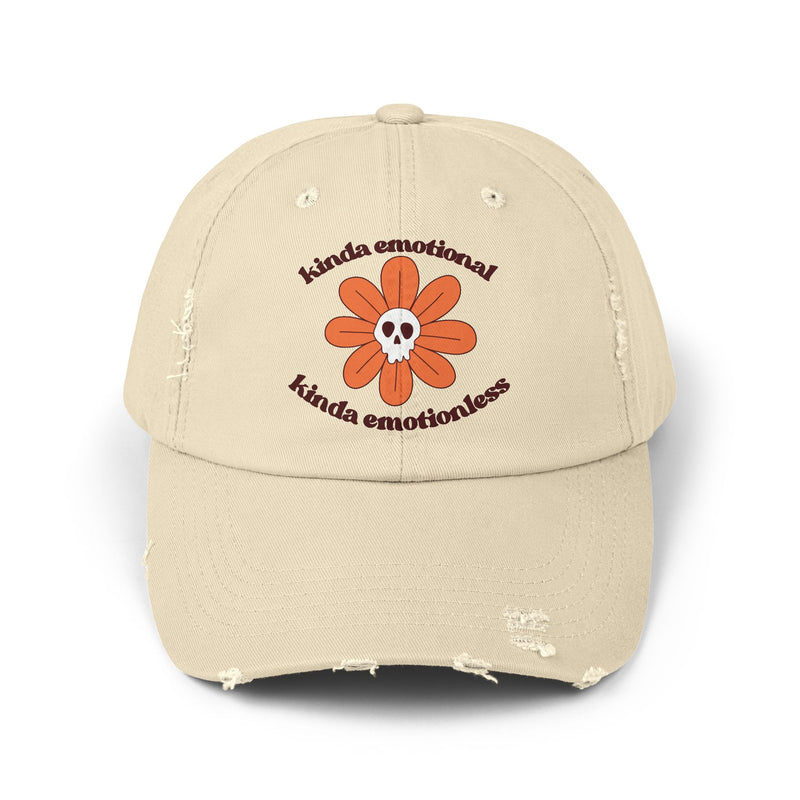 Kinda Emotional Kinda Emotionless Unisex Distressed Cap — Floral Skull Mental Health Awareness Baseball Hat
