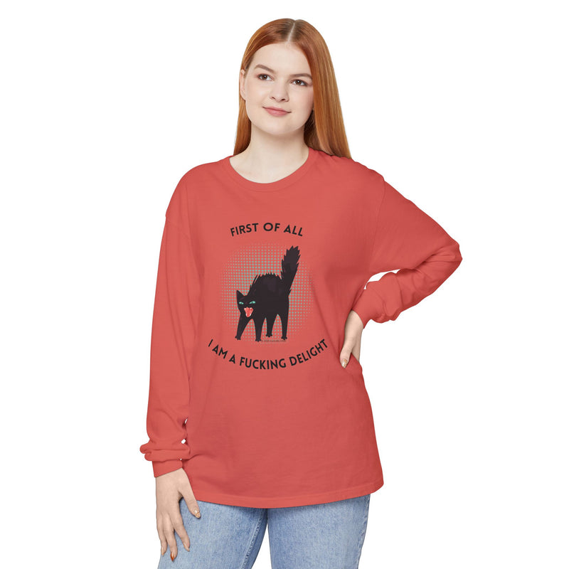 Long Sleeve Tee — “First of All I Am a Fucking Delight” Black Cat Graphic Oversized T-Shirt