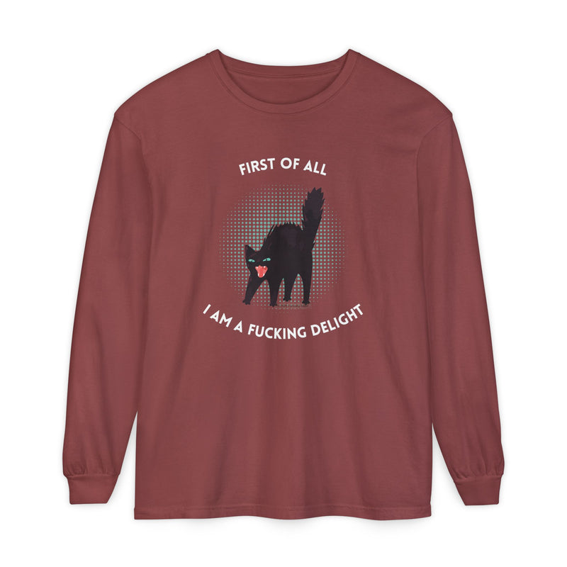 Long Sleeve Tee — “First of All I Am a Fucking Delight” Black Cat Graphic Oversized T-Shirt