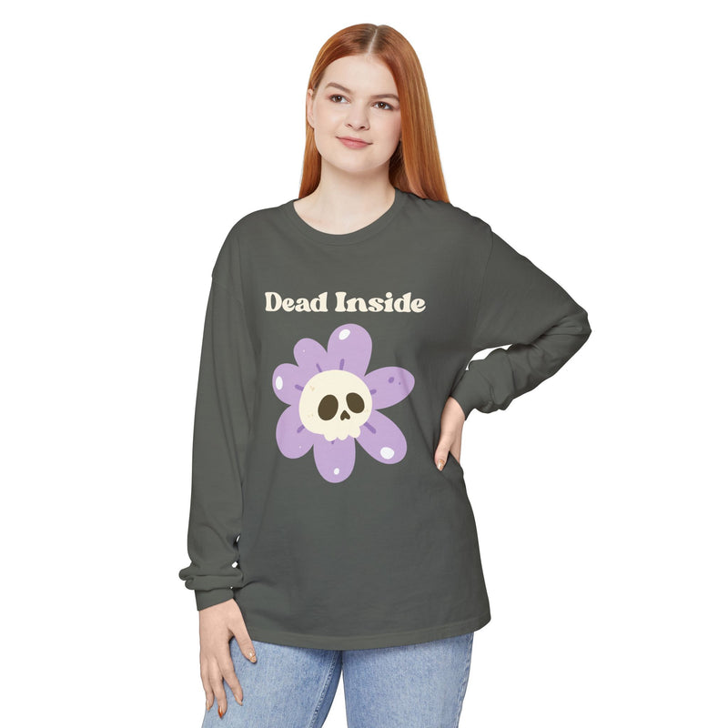 "Dead Inside" Oversized T-Shirt - Skull Flower Long Sleeve Tee