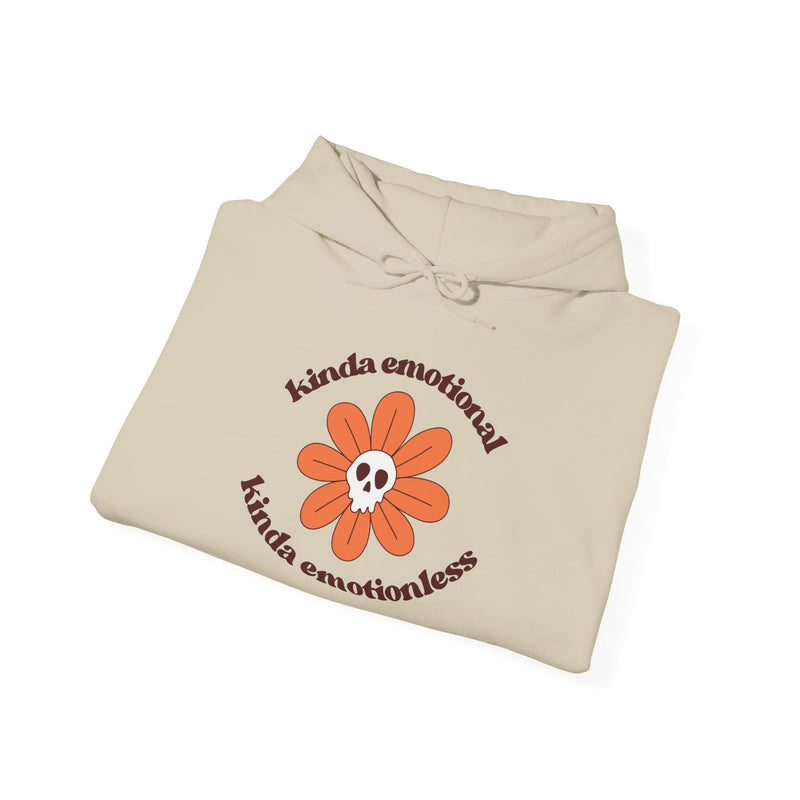 Floral Skull Graphic Hoodie — "Kinda Emotionless, Kinda Emotional" Mental Health Awareness Hooded Sweatshirt