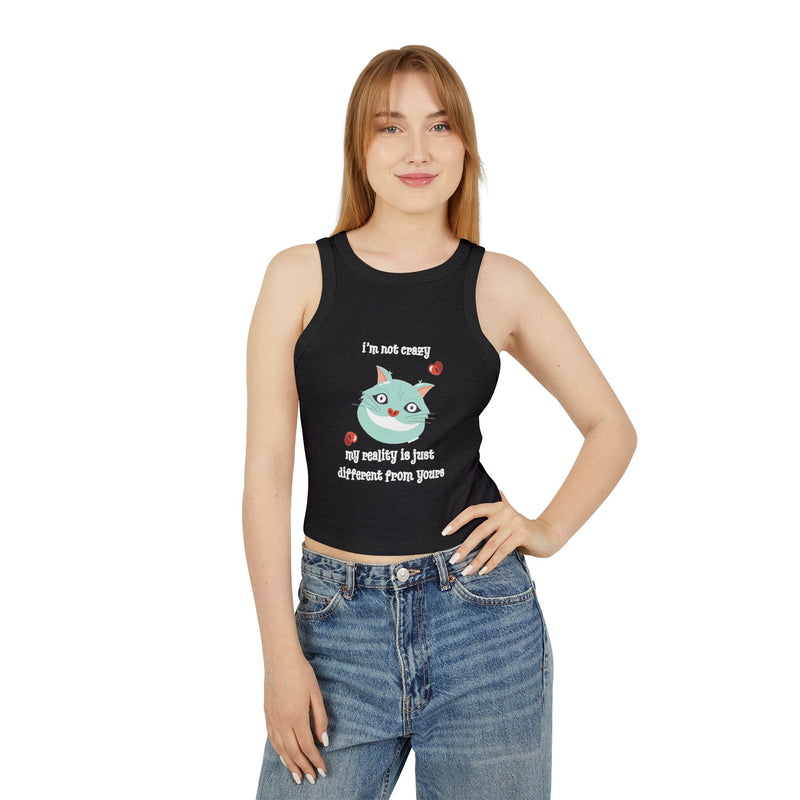 Women's Racer Tank — 'I'm Not Crazy' Cheshire Cat Graphic Crop Top