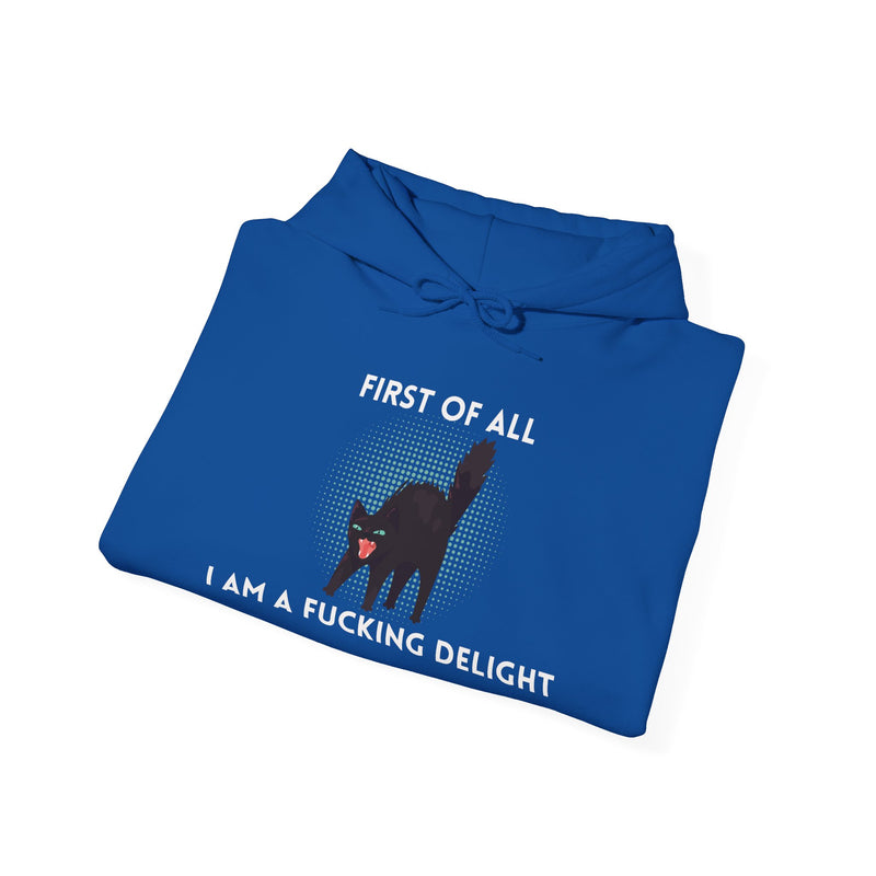Sassy Cat Unisex Hoodie — "...I Am A Fucking Delight!" Graphic Hooded Sweatshirt