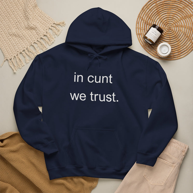 Hoodie — "in cunt we trust." Minimalist Provocative Text Hooded Sweatshirt