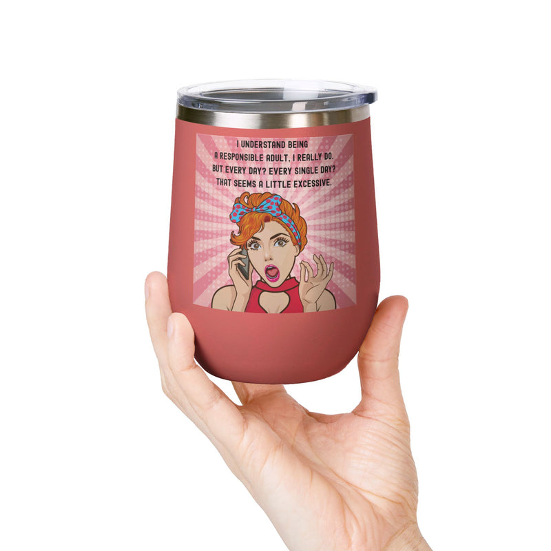 "Responsible Adult"Retro Pop Art Insulated Wine Tumbler - Stainless Steel 12oz