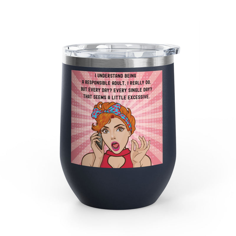 "Responsible Adult"Retro Pop Art Insulated Wine Tumbler - Stainless Steel 12oz