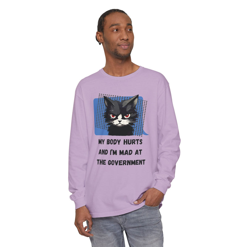 Long Sleeve T‑Shirt – "My Body Hurts and I’m Mad at the Government" Cat Graphic Oversized Tee
