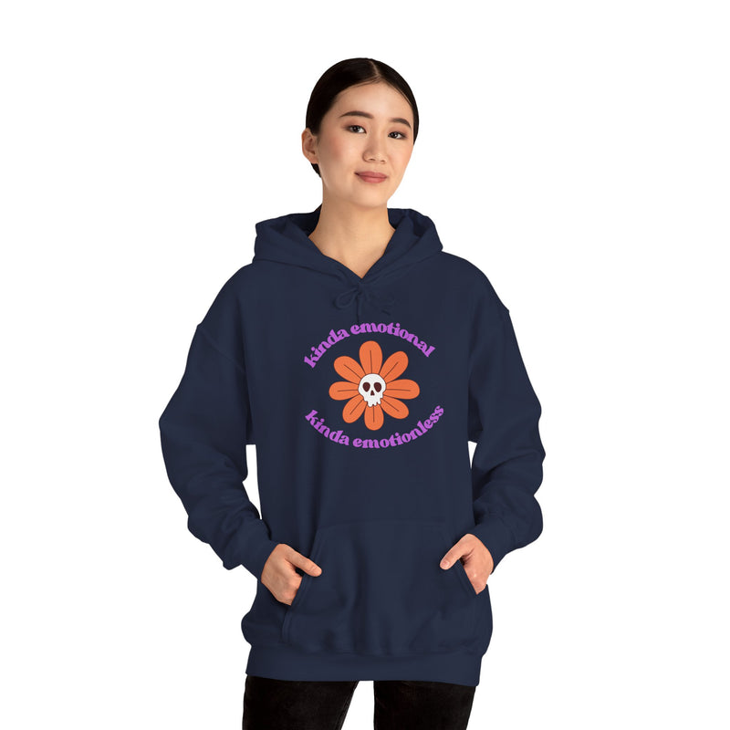 Floral Skull Graphic Hoodie — "Kinda Emotionless, Kinda Emotional" Mental Health Awareness Hooded Sweatshirt