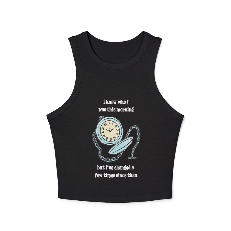 Women's Racer Tank — 'I Knew Who I Was This Morning' Wonderland Graphic Crop Top