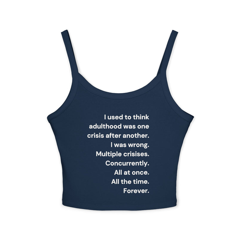 Women's Crop Tank Top — 'Adulthood' Minimalist Text Cropped Spaghetti Strap Tank
