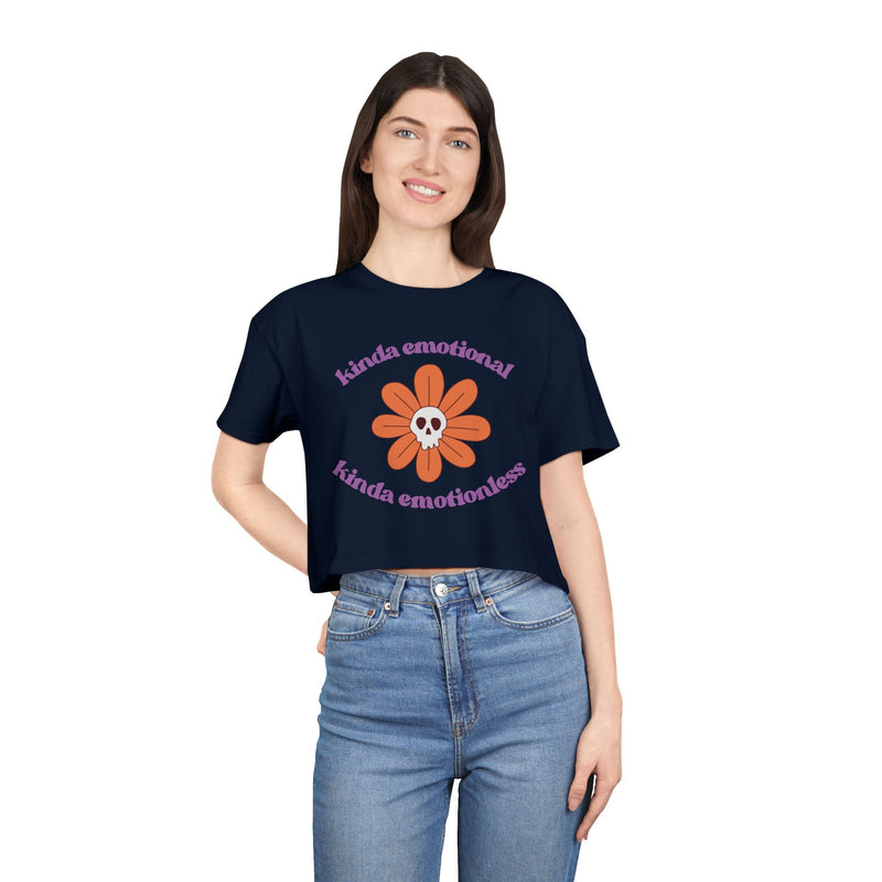 Crop Tee — 'Kinda Emotional, Kinda Emotionless' Retro Flower Skull Graphic T-shirt Top