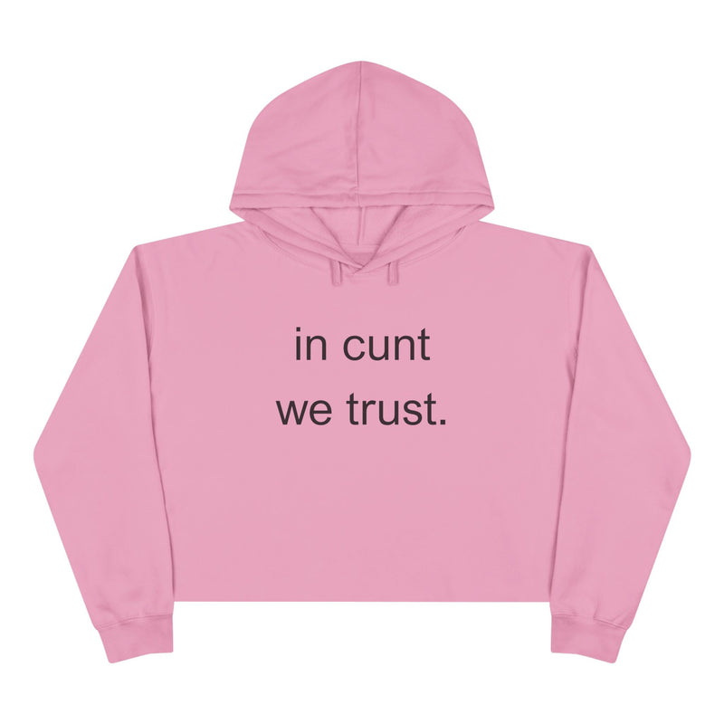 Crop Hoodie — "in cunt we trust." Minimalist Statement Crop Hooded Sweatshirt