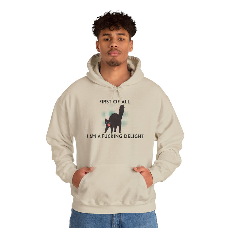 Sassy Cat Unisex Hoodie — "...I Am A Fucking Delight!" Graphic Hooded Sweatshirt
