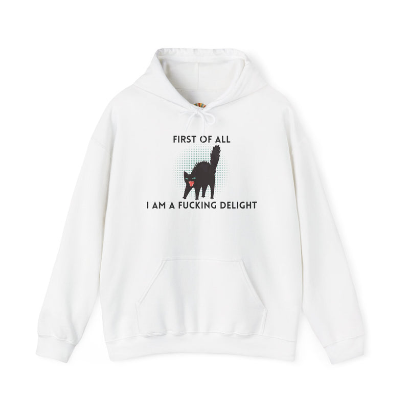 Sassy Cat Unisex Hoodie — "...I Am A Fucking Delight!" Graphic Hooded Sweatshirt