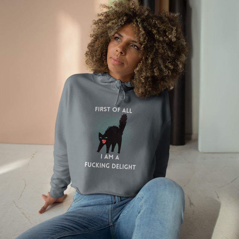 Graphic Black Cat Hooded Sweatshirt - "I am a Fucking Delight" Crop Hoodie