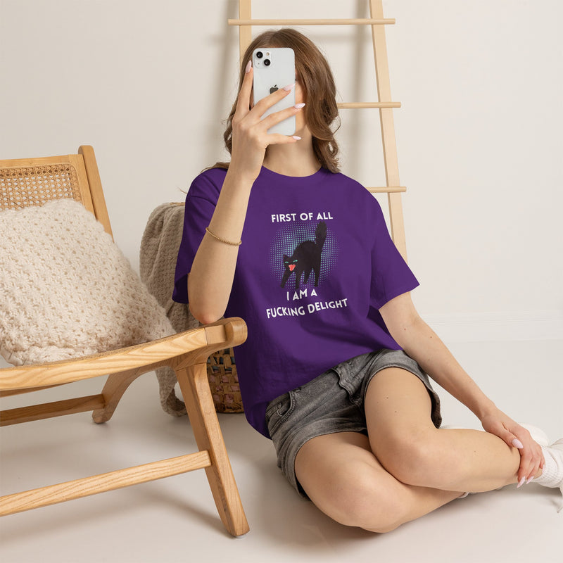Sassy Cat Graphic Tee — "First of All I Am a Fucking Delight" Black Cat Humor T-Shirt