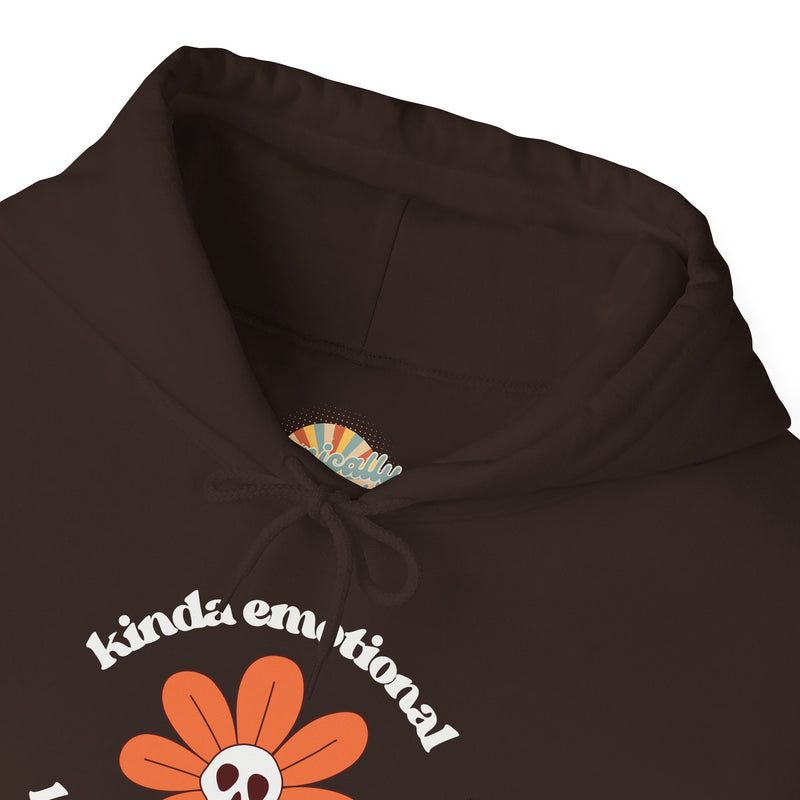 Floral Skull Graphic Hoodie — "Kinda Emotionless, Kinda Emotional" Mental Health Awareness Hooded Sweatshirt