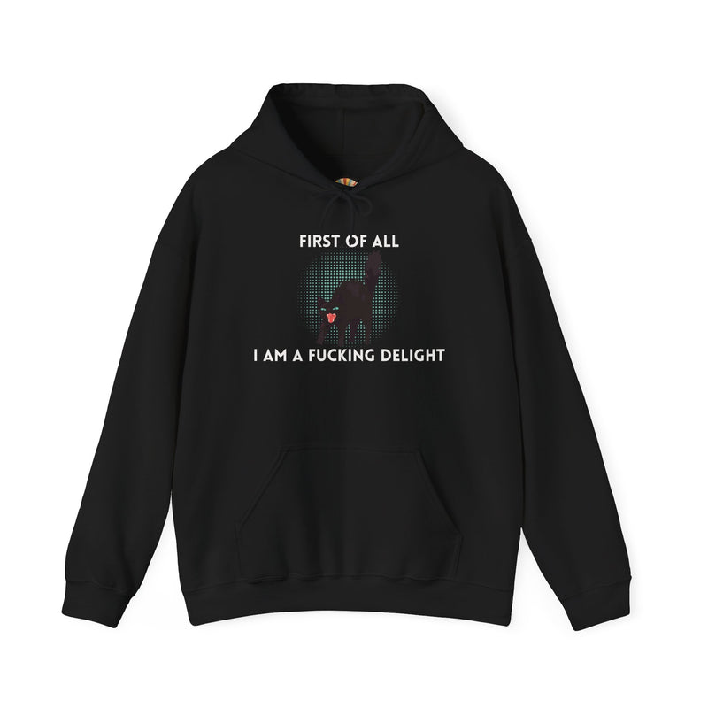 Sassy Cat Unisex Hoodie — "...I Am A Fucking Delight!" Graphic Hooded Sweatshirt