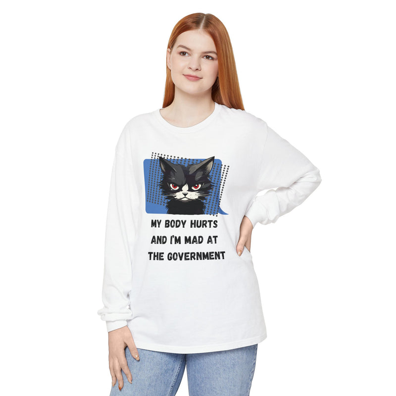 Long Sleeve T‑Shirt – "My Body Hurts and I’m Mad at the Government" Cat Graphic Oversized Tee