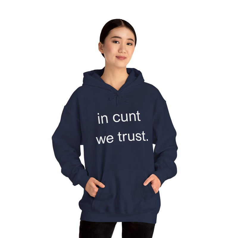 Hoodie — "in cunt we trust." Minimalist Provocative Text Hooded Sweatshirt