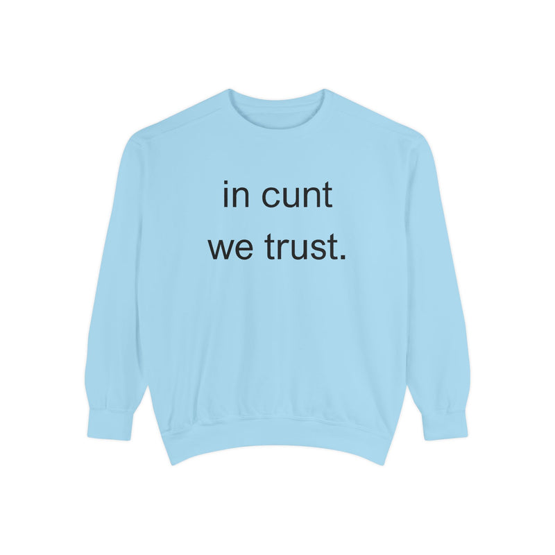 Graphic Sweatshirt — “in cunt we trust.” Bold Provocative Slogan Pullover