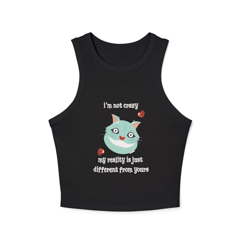 Women's Racer Tank — 'I'm Not Crazy' Cheshire Cat Graphic Crop Top