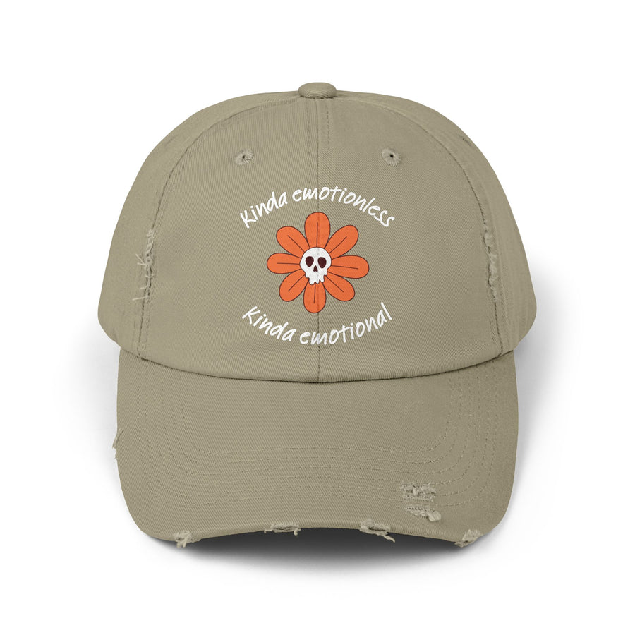 Kinda Emotionless Kinda Emotional Distressed Cap — Floral Skull Baseball Hat