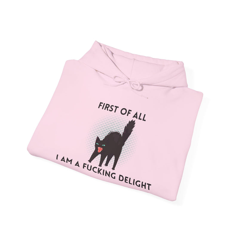 Sassy Cat Unisex Hoodie — "...I Am A Fucking Delight!" Graphic Hooded Sweatshirt