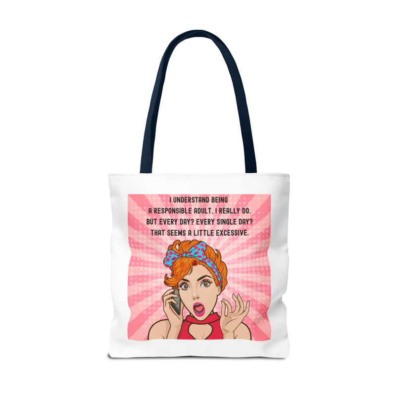 Large 18" x 18" Retro Pop Art Tote Bag — "Being a Responsible Adult" Graphic Tote