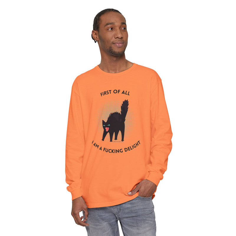 Long Sleeve Tee — “First of All I Am a Fucking Delight” Black Cat Graphic Oversized T-Shirt