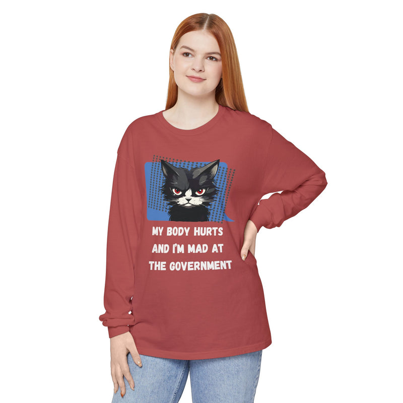 Long Sleeve T‑Shirt – "My Body Hurts and I’m Mad at the Government" Cat Graphic Oversized Tee