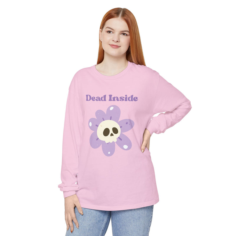 "Dead Inside" Oversized T-Shirt - Skull Flower Long Sleeve Tee