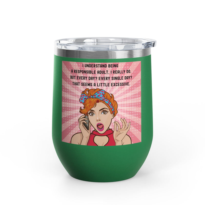 "Responsible Adult"Retro Pop Art Insulated Wine Tumbler - Stainless Steel 12oz
