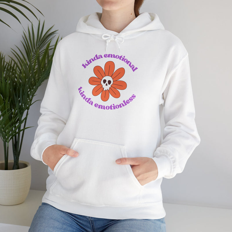 Floral Skull Graphic Hoodie — "Kinda Emotionless, Kinda Emotional" Mental Health Awareness Hooded Sweatshirt