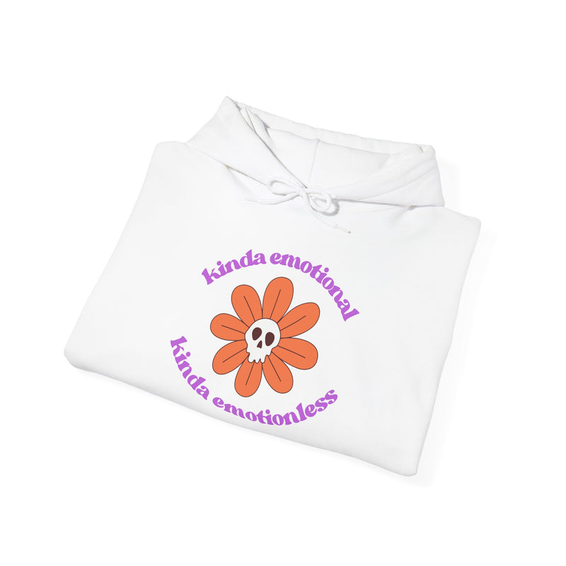 Floral Skull Graphic Hoodie — "Kinda Emotionless, Kinda Emotional" Mental Health Awareness Hooded Sweatshirt