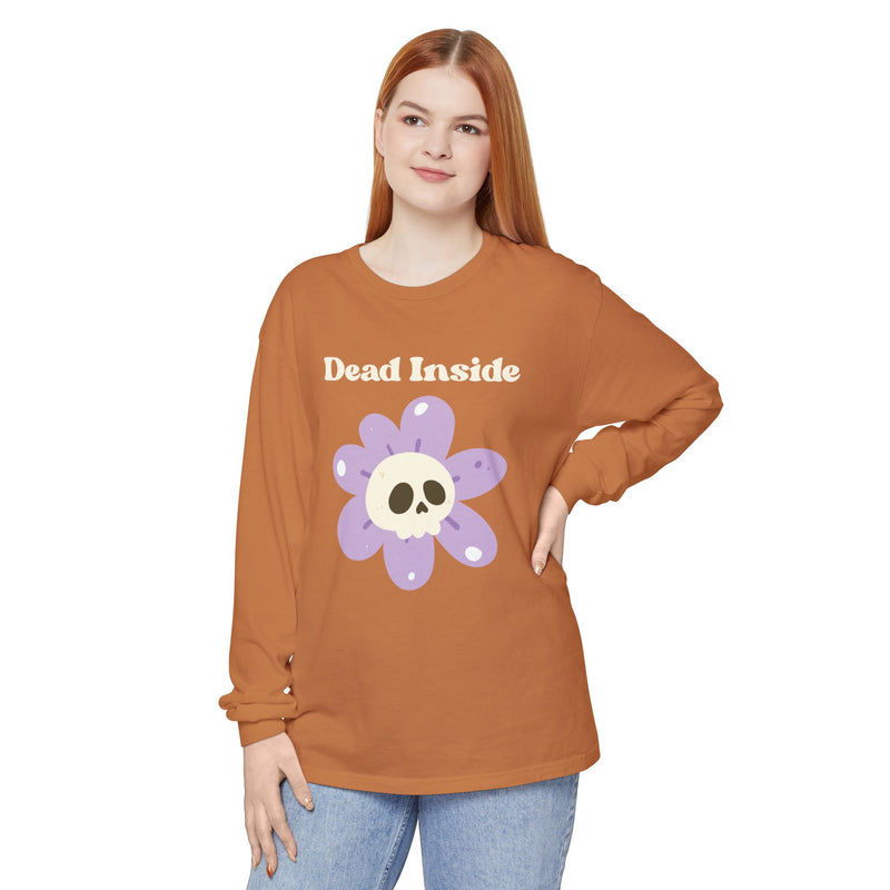 "Dead Inside" Oversized T-Shirt - Skull Flower Long Sleeve Tee