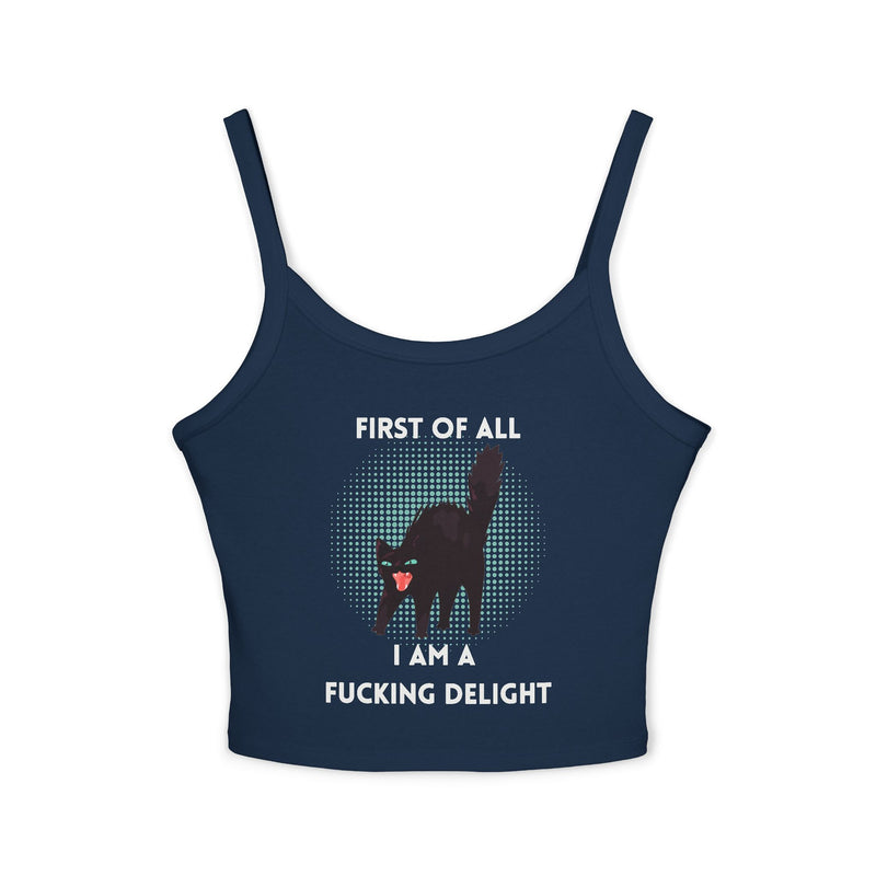 Sassy Cat Tank Top — "First Of All I Am A Fucking Delight" Black Cat Graphic Crop Tank