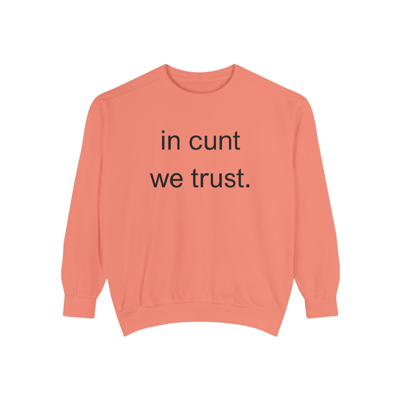 Graphic Sweatshirt — “in cunt we trust.” Bold Provocative Slogan Pullover