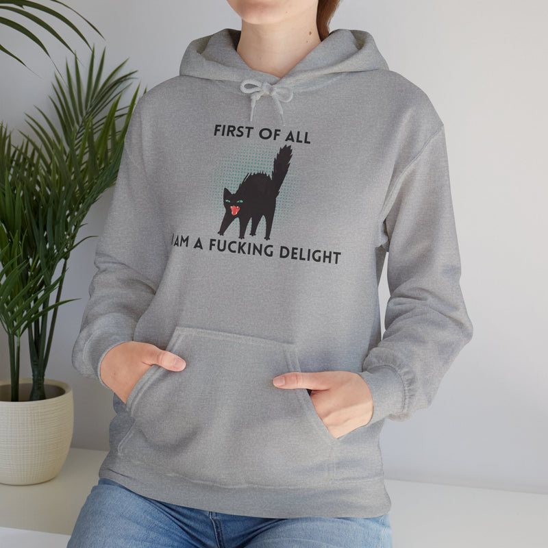 Sassy Cat Unisex Hoodie — "...I Am A Fucking Delight!" Graphic Hooded Sweatshirt