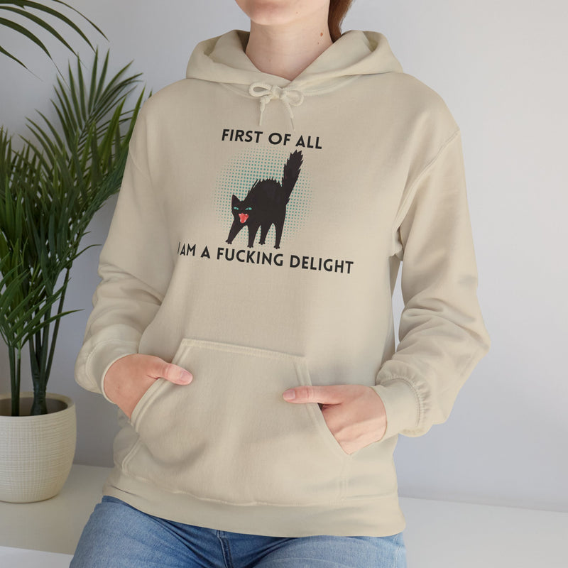 Sassy Cat Unisex Hoodie — "...I Am A Fucking Delight!" Graphic Hooded Sweatshirt