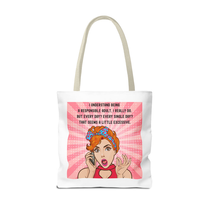 Large 18" x 18" Retro Pop Art Tote Bag — "Being a Responsible Adult" Graphic Tote