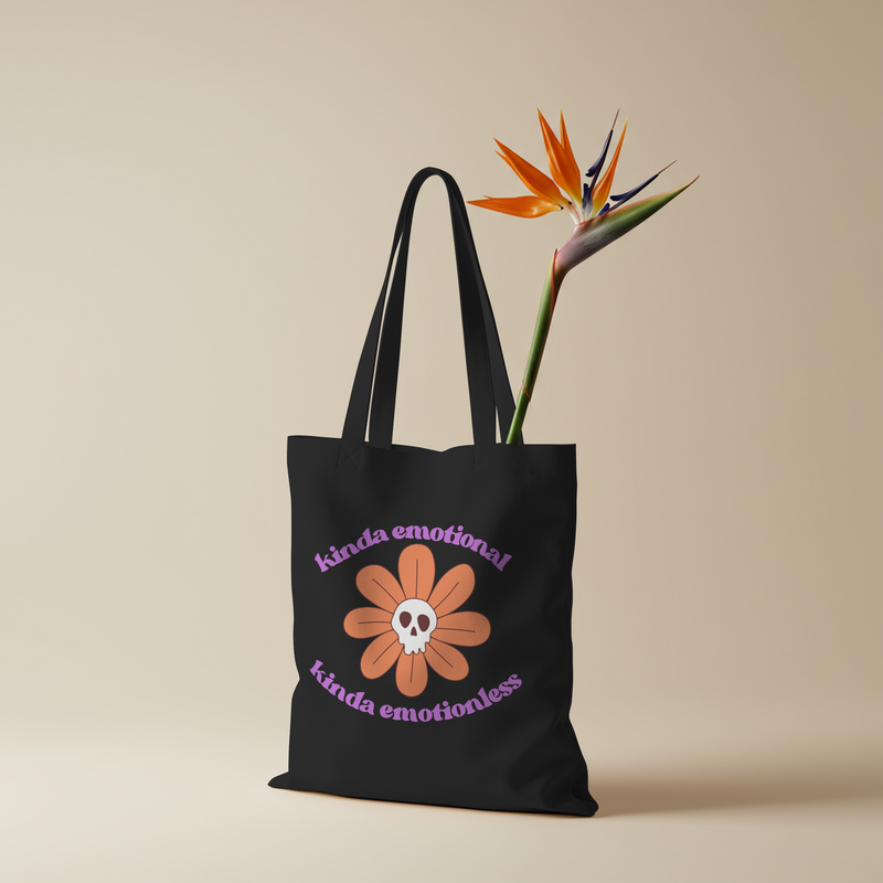 Retro Skull Flower Reusable Tote Bag — "kinda emotional kinda emotionless" Cotton Canvas Mental Health Awareness Tote