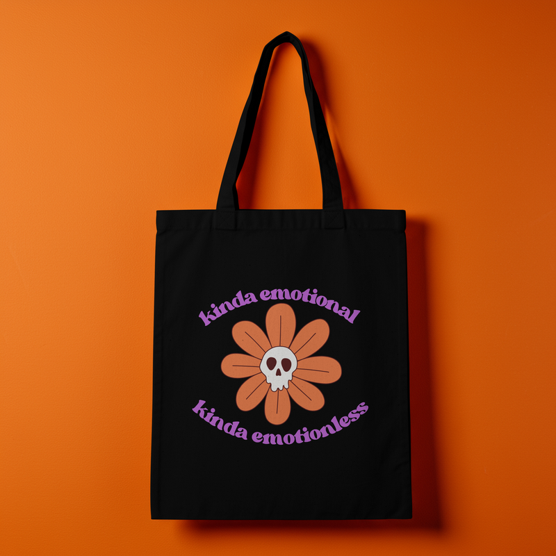 Retro Skull Flower Reusable Tote Bag — "kinda emotional kinda emotionless" Cotton Canvas Mental Health Awareness Tote