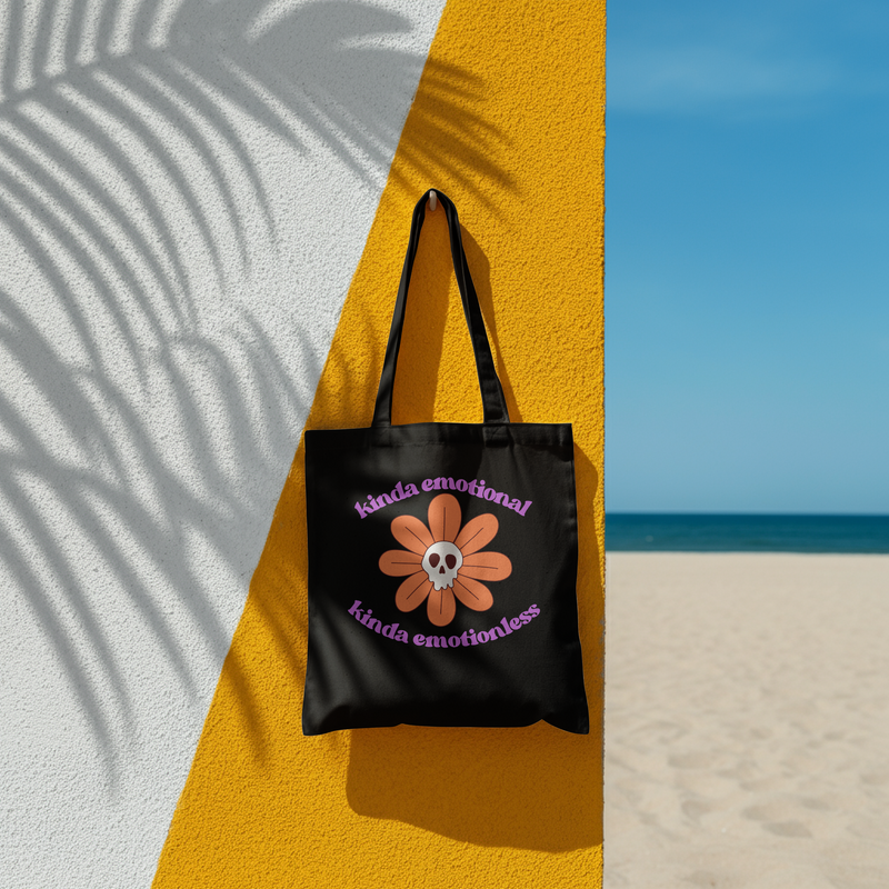 Retro Skull Flower Reusable Tote Bag — "kinda emotional kinda emotionless" Cotton Canvas Mental Health Awareness Tote