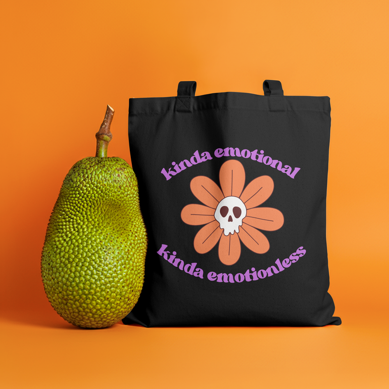Retro Skull Flower Reusable Tote Bag — "kinda emotional kinda emotionless" Cotton Canvas Mental Health Awareness Tote