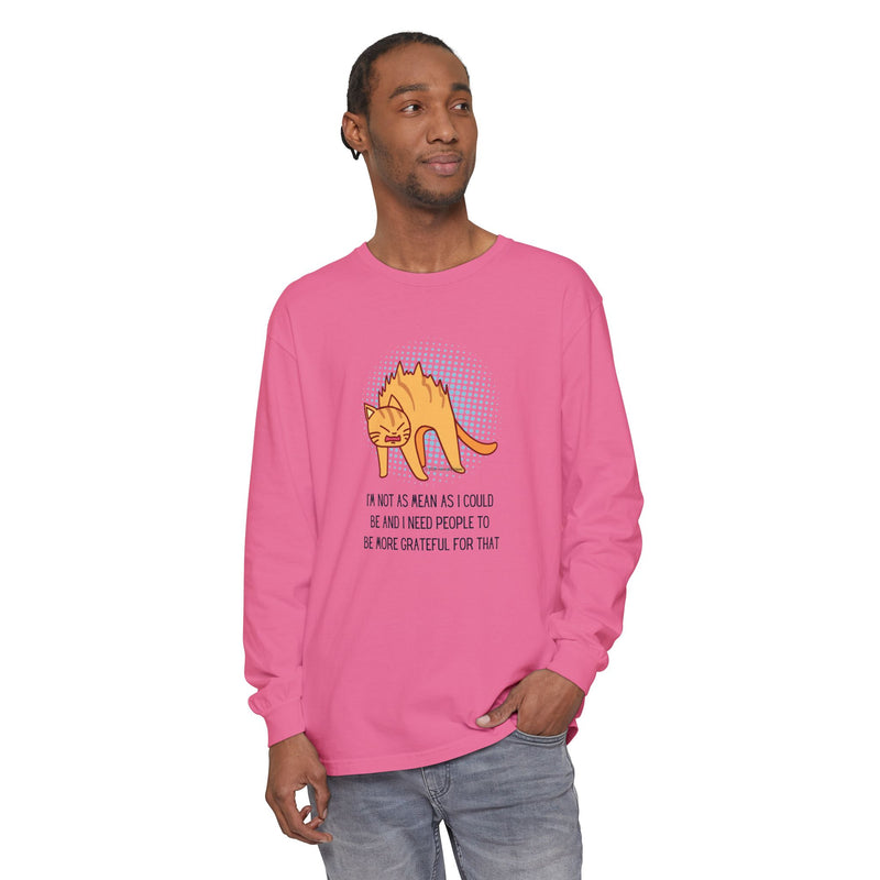 Sassy Cat Illustration Long Sleeve Tee — “I’m Not As Mean As I Could Be” Oversize T-Shirt