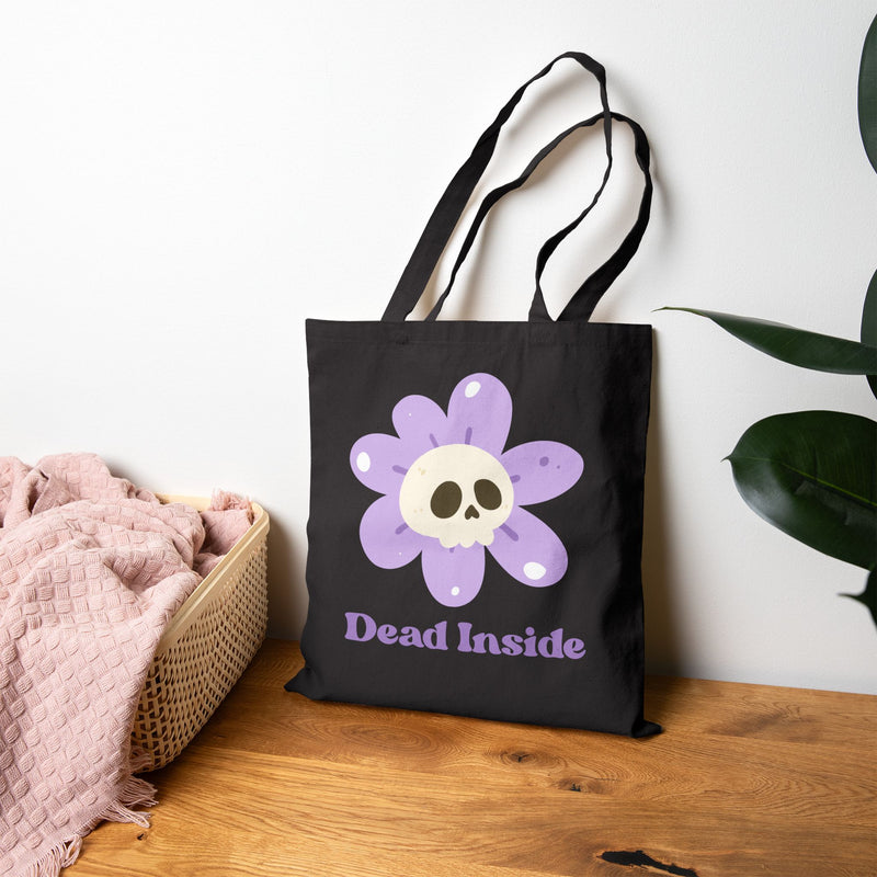Mental Health Awareness Graphic Tote Bag — 'Dead Inside' Skull Flower Reusable Canvas Tote