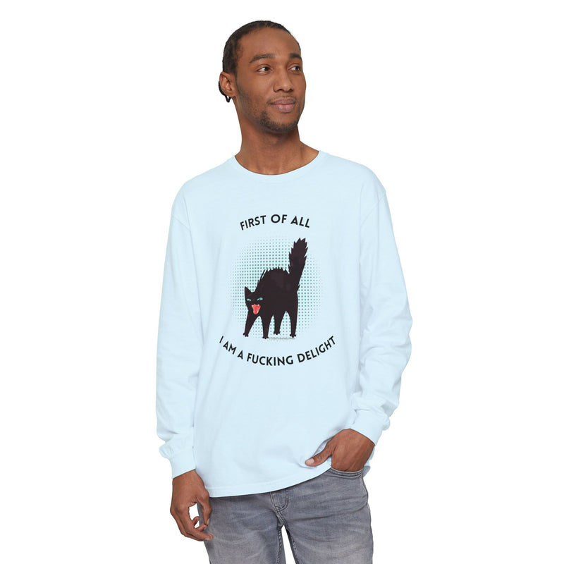 Long Sleeve Tee — “First of All I Am a Fucking Delight” Black Cat Graphic Oversized T-Shirt
