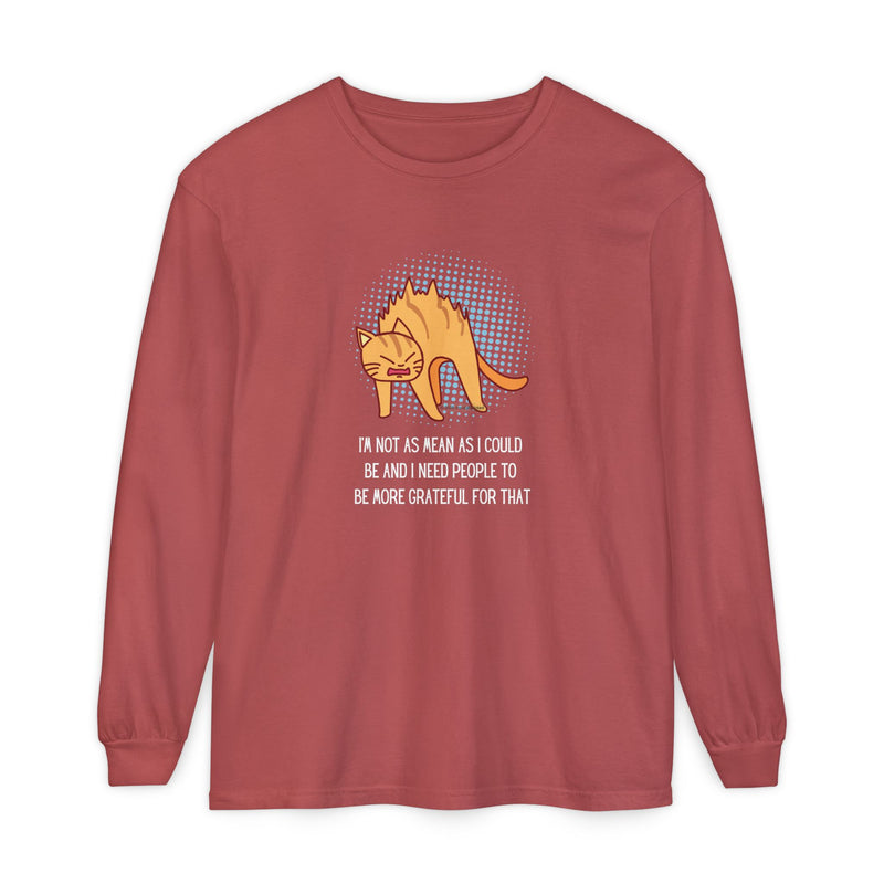 Sassy Cat Illustration Long Sleeve Tee — “I’m Not As Mean As I Could Be” Oversize T-Shirt