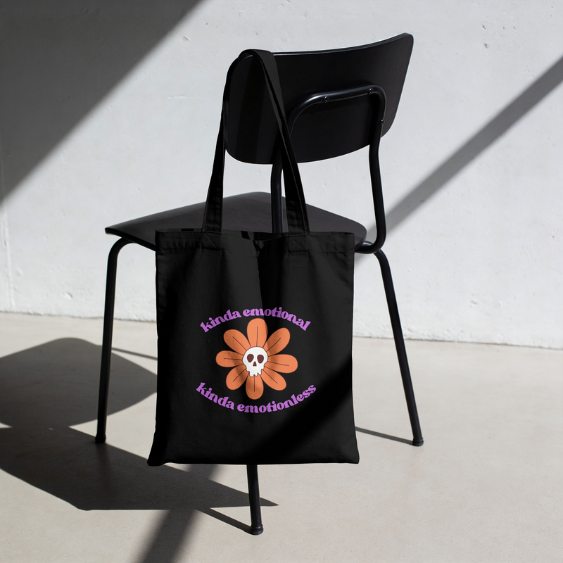 Retro Skull Flower Reusable Tote Bag — "kinda emotional kinda emotionless" Cotton Canvas Mental Health Awareness Tote